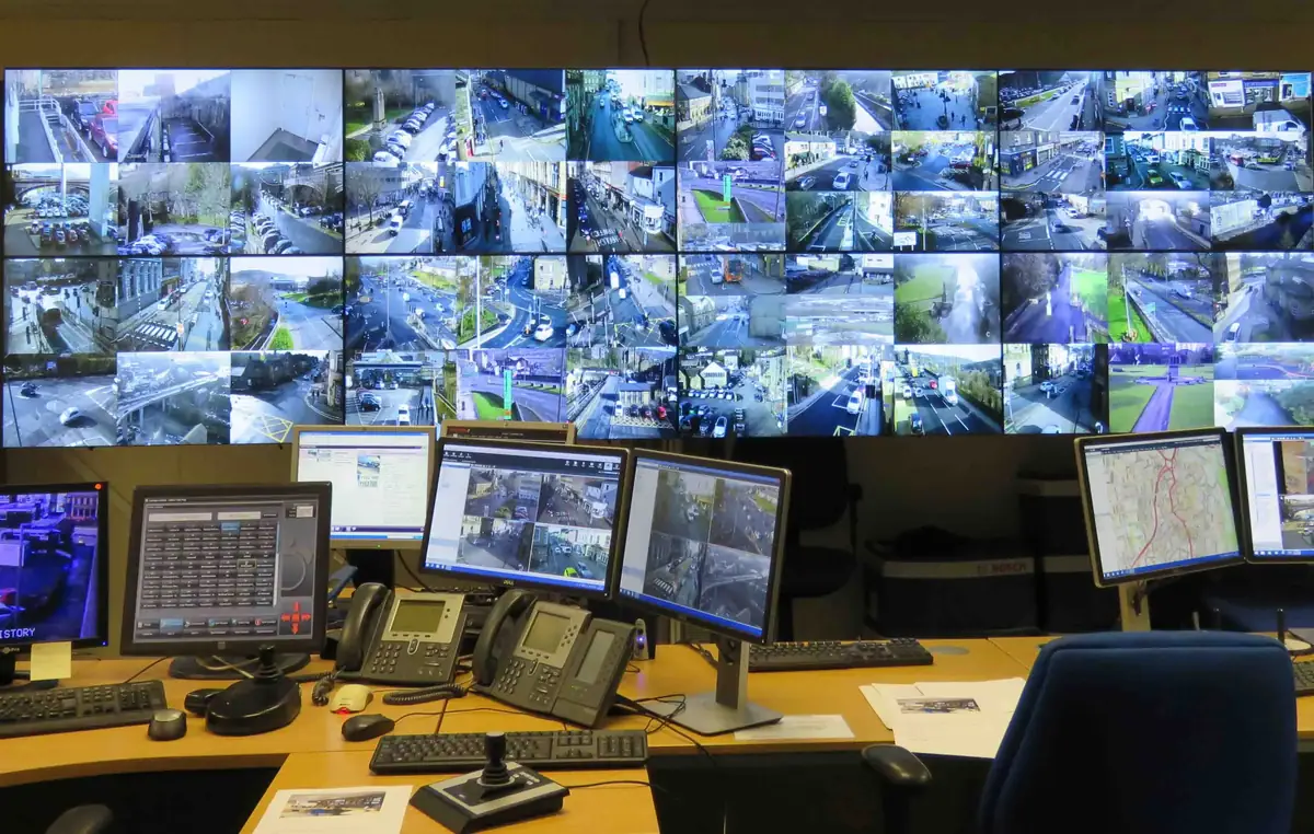 CCTV monitoring wall with live camera feeds